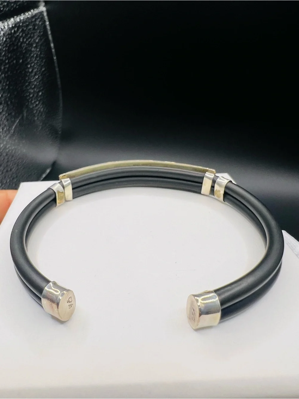 Black rubber and Sterling Silver Saint Benedict Prayer Cuff Bracelet